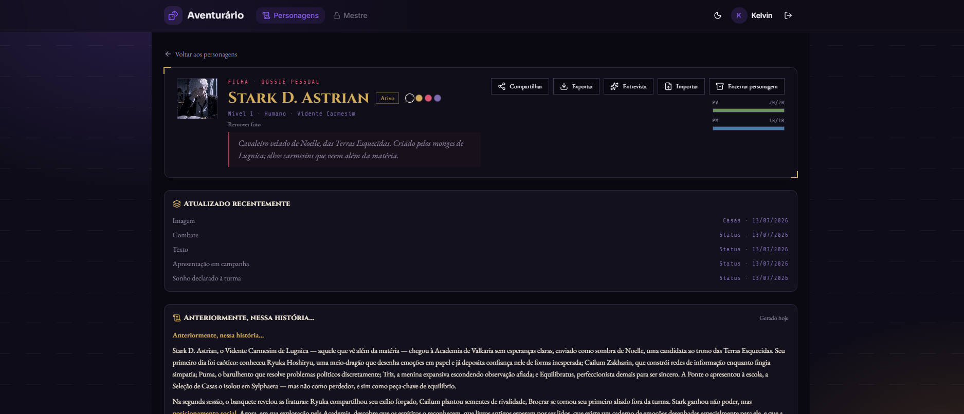 Ficha de personagem no Aventurário com recap da história gerado por IA e histórico de atualizações recentes